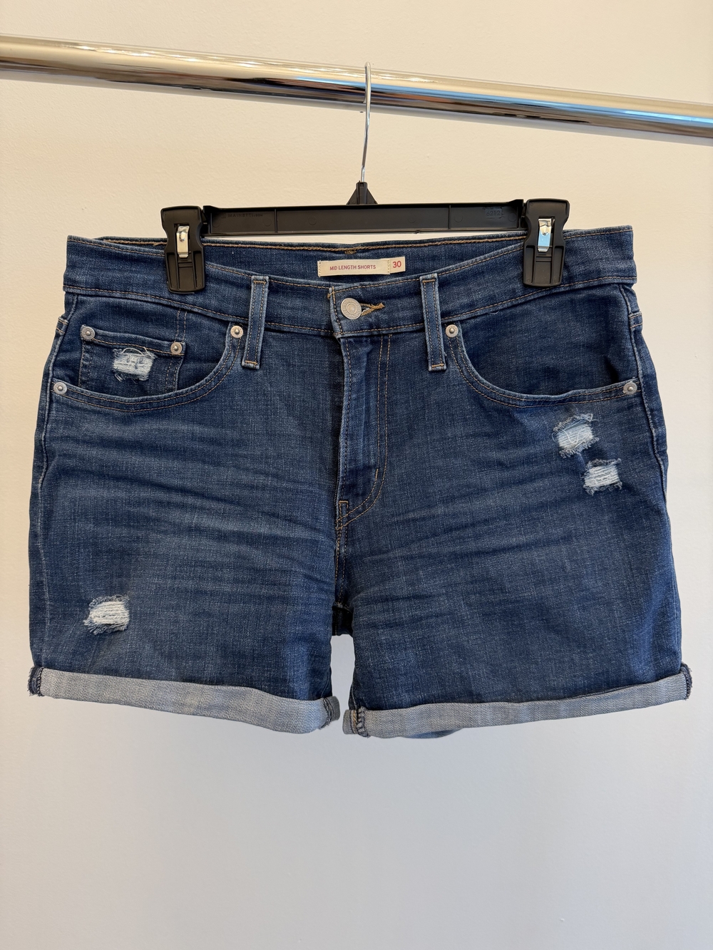 Levi's Dark Blue Distressed Rolled Hem Denim Shorts 30